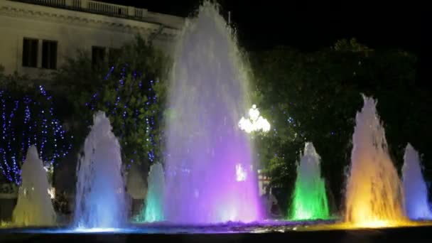 Some beautiful fountains. One large and six small fountains, each working with its backlight. — Stock Video