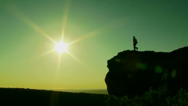 Schönheit der Natur. Silhouette. nähert sich ein Mann dem Rand der Klippe. dann hebt er begeistert die Hände. — Stockvideo