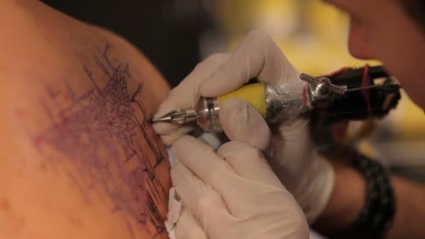 Create a beautiful tattoo in a tattoo salon. Close-up — Stock Video