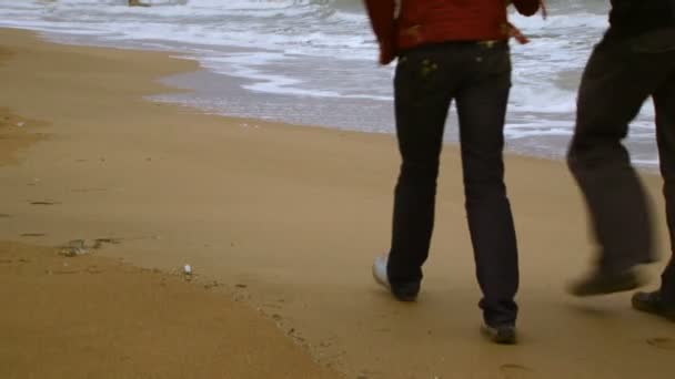 Casal caminhando ao longo de uma praia de areia — Vídeo de Stock