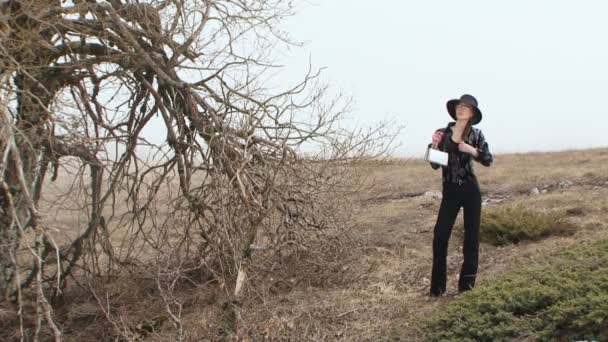 Una mujer elegante de pie en la naturaleza. La mujer elegantemente vestida de pie al aire libre cerca de un viejo árbol. Mal tiempo viento y niebla . — Vídeos de Stock