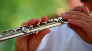 flüt ile konser. müzisyenler profesyonelce flüt çalmak. iki kare. arka plan bulanık. yakın çekim.