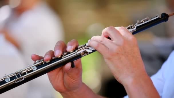 Musiker spielt Flöte. Die Musiker spielen professionell Querflöte. Der Hintergrund ist verschwommen. Nahaufnahme. Fokuswechsel vom Vordergrund in den Hintergrund. — Stockvideo