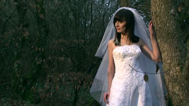 Прекрасная невеста позирует перед камерой . — стоковое видео