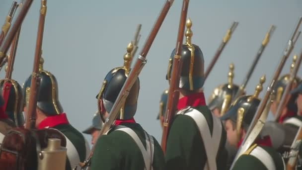 CRIMEA, UKRAINE SEPTEMBER 29, 2012: Russian soldiers prepare for a battle during reenactment of Battle of Alma (Crimean War 1853 - 1856) on a historical festival in Crimea. — Stock Video