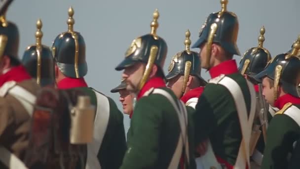 CRIMEA, UKRAINE SEPTEMBER 29, 2012: Russian soldiers prepare for a battle during reenactment of Battle of Alma (Crimean War 1853 - 1856) on a historical festival in Crimea. — Stock Video