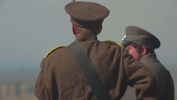 CRIMEA, UKRAINE SEPTEMBER 29, 2012: Russian soldiers prepare for a battle during reenactment of Battle of Alma (Crimean War 1853 - 1856) on a historical festival in Crimea. — Stock Video