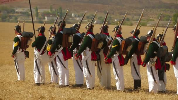 CRIMEA, UKRAINE SEPTEMBER 29, 2012: Russian soldiers prepare for a battle during reenactment of Battle of Alma (Crimean War 1853 - 1856) on a historical festival in Crimea. — Stock Video