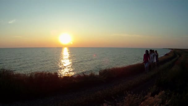 Čtyři ženy obdivovat západ slunce — Stock video