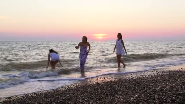 Φίλοι δαπάνες χρόνο κοντά στη θάλασσα στο ηλιοβασίλεμα — Αρχείο Βίντεο