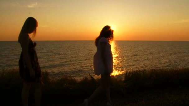 Quatro mulheres a admirar o pôr do sol. Sol da noite . — Vídeo de Stock