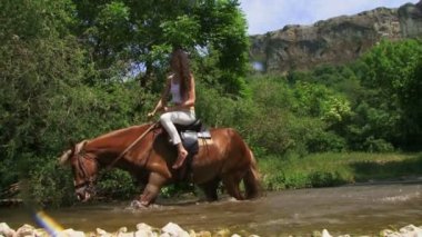 bir nehir ile binici kadın düşen bir at. nehre düşen
