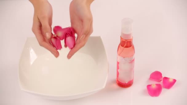 Throwing flower petals into a bowl of water. Close-up. Flower petals. — Stock Video