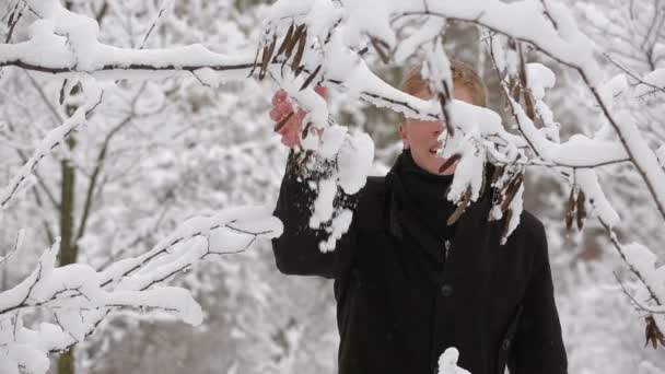 Genç adam kış çam ormanı içinde şarkı — Stok video
