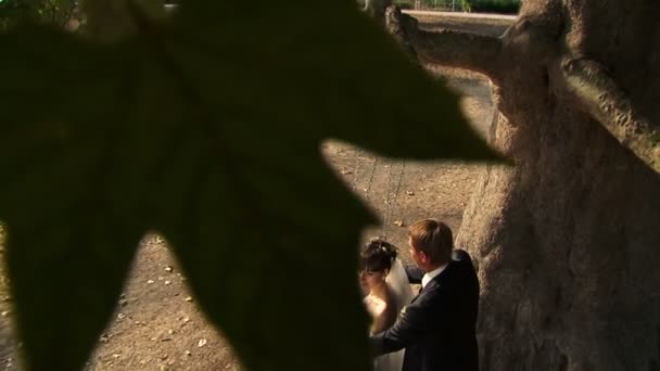 Mariée et marié se balançant dans un parc . — Video