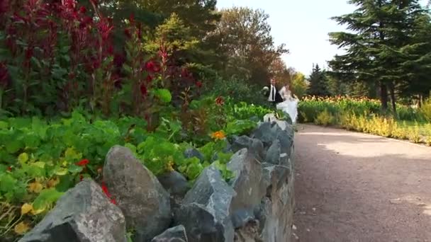 Recién casados corriendo por un sendero en un parque . — Vídeo de stock