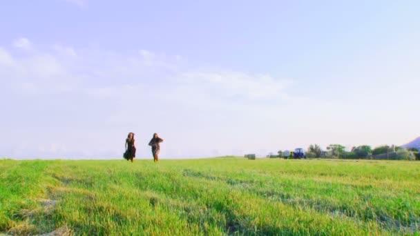 Dos mujeres corriendo por un campo en un día de verano. Diversión de verano . — Vídeo de stock
