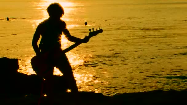 Spelen gitaar op het strand bij zonsondergang. gitaar spelen. — Stockvideo