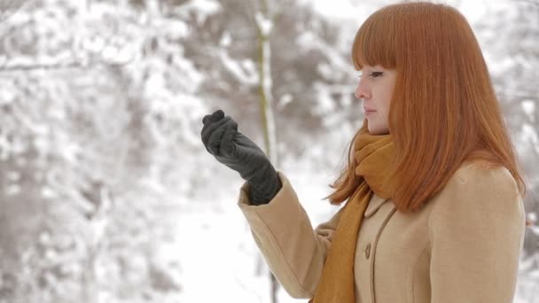 Una mujer en un paseo por un bosque de invierno. Paseo de invierno . — Vídeos de Stock