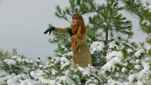 Lotta con le palle di neve in una foresta. Al rallentatore. Lotta con la palla di neve . — Video Stock