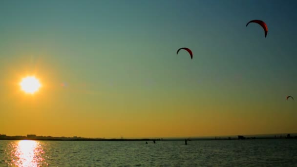 Kitesurfistas surfeando sobre el mar al atardecer. Kitesurfistas al atardecer . — Vídeo de stock