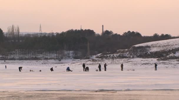 Homens em uma pesca de inverno. Pesca de Inverno . — Vídeo de Stock