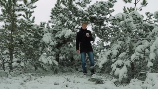 Joven en el parque de invierno — Vídeos de Stock