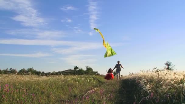 Hombre y niña con cometa — Vídeos de Stock