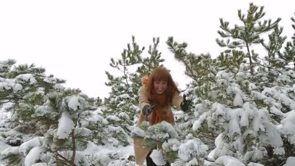 Mujer en un bosque de invierno — Vídeo de stock