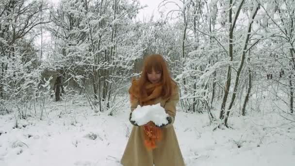 Mujer en un bosque de invierno — Vídeo de stock