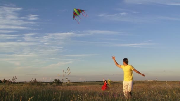 Man en weinig meisje met kite — Stockvideo