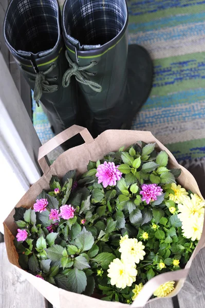 Paquete con flores y botas de goma en la sala — Foto de Stock