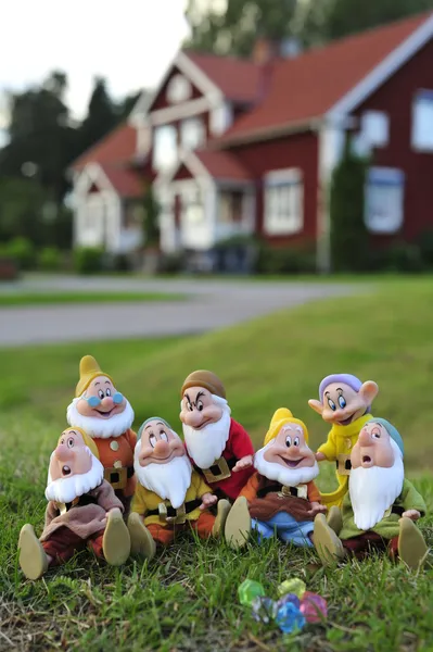 bir arka plan ev çim üzerinde yedi cüceler