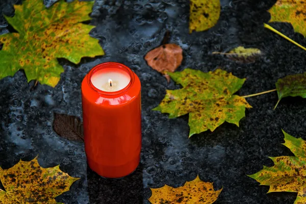 Lichte graf op Allerheiligen in de herfst met bladeren — Stockfoto