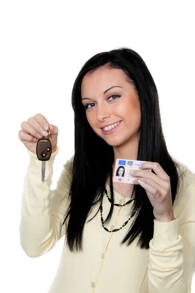 Mulher com chaves de carro e carta de condução. teste de condução — Fotografia de Stock