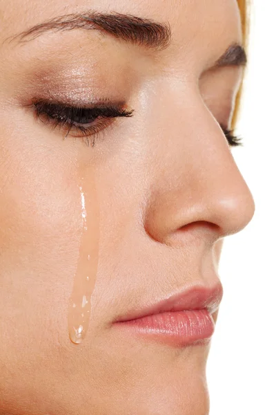 Sad woman weeps tears — Stock Photo, Image