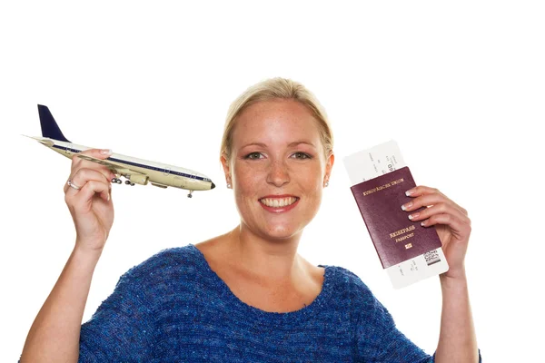 Frau mit Flugzeug — Stockfoto