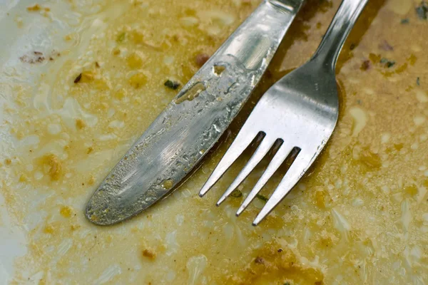 Cutlery after dinner on plate — Stock Photo, Image