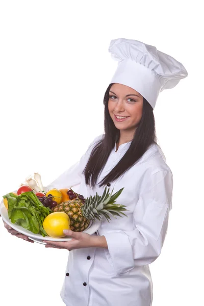 Cozinheiro servido uma bandeja de frutas e vegetais — Fotografia de Stock