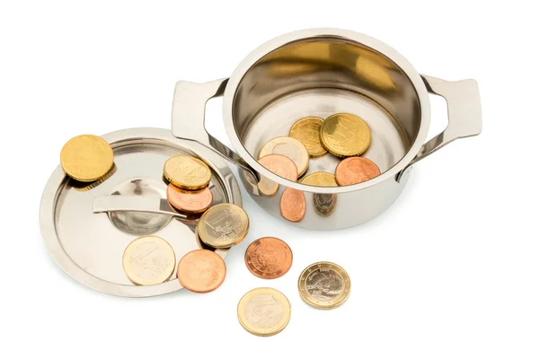 Casserole et pièces en euros — Photo