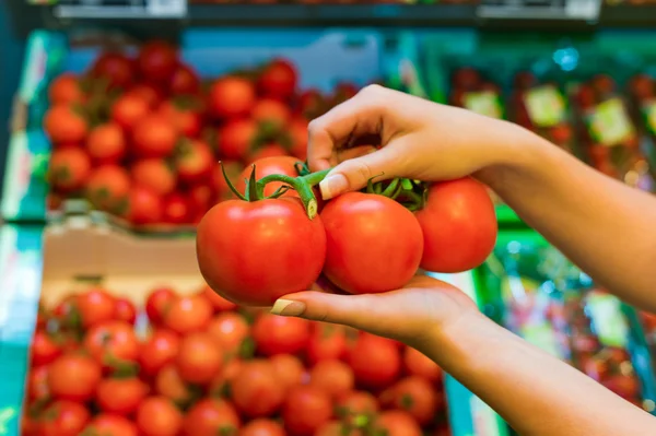 Čerstvá rajčata v supermarketu police — Stock fotografie