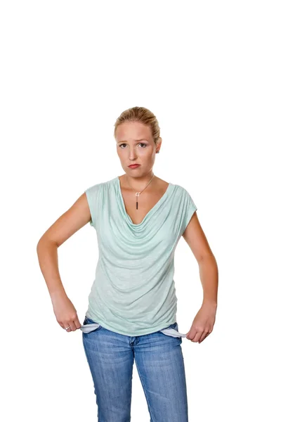 Woman with empty pockets — Stock Photo, Image
