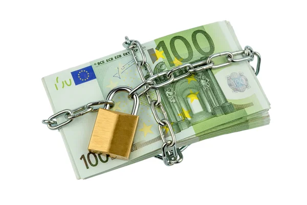 Notas de euro com corrente e cadeado — Fotografia de Stock