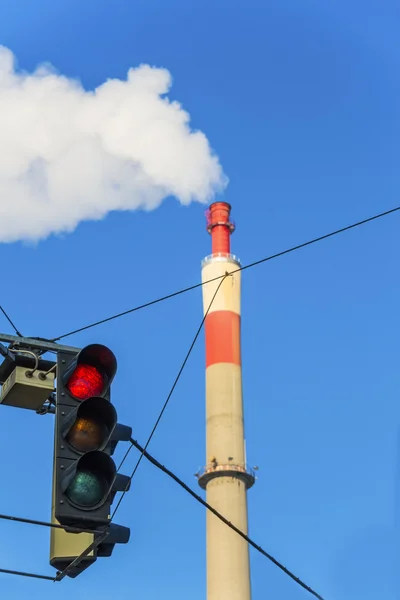 Industrial chimney and red light — Stock Photo, Image