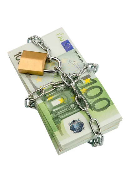Billets en euros avec chaîne et cadenas — Photo