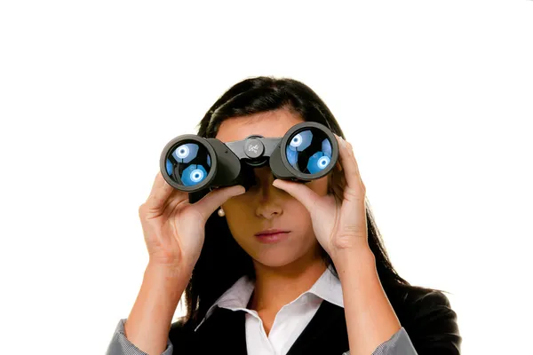 Business woman with binoculars looking to the future — Stock Photo, Image