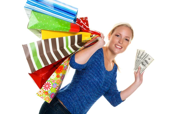 Mulher com sacos de compras durante as compras — Fotografia de Stock