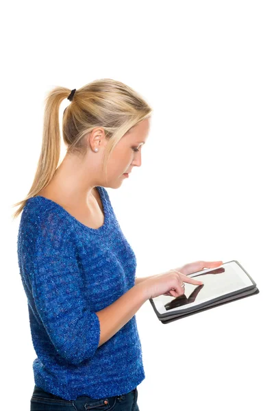 태블릿 컴퓨터를 가진 여자 — 스톡 사진