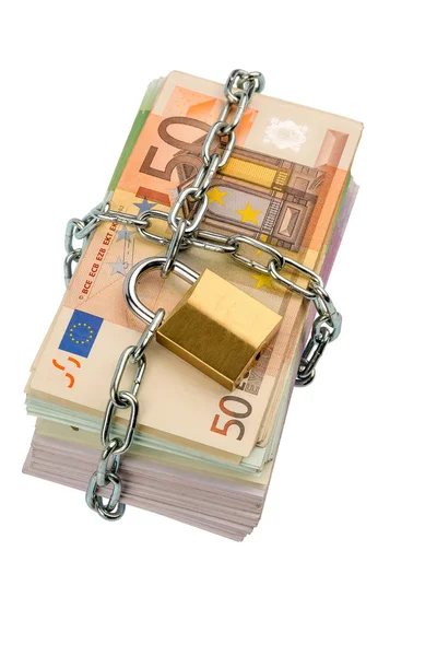 Billets en euros avec chaîne et cadenas — Photo
