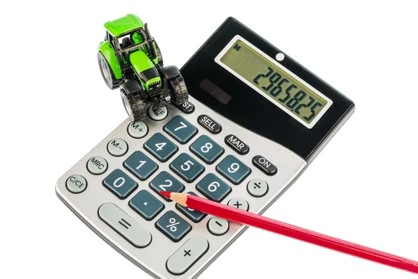 Trator, caneta vermelha e calculadora — Fotografia de Stock